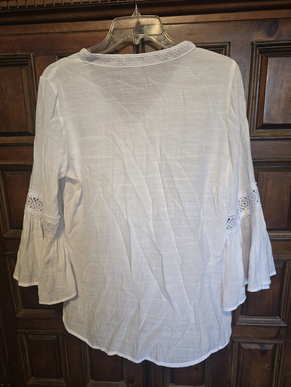 Counterparts White Crochet Lace Pintuck Tunic Blouse L Flared Bell Sleeve Boho - Picture 2 of 8